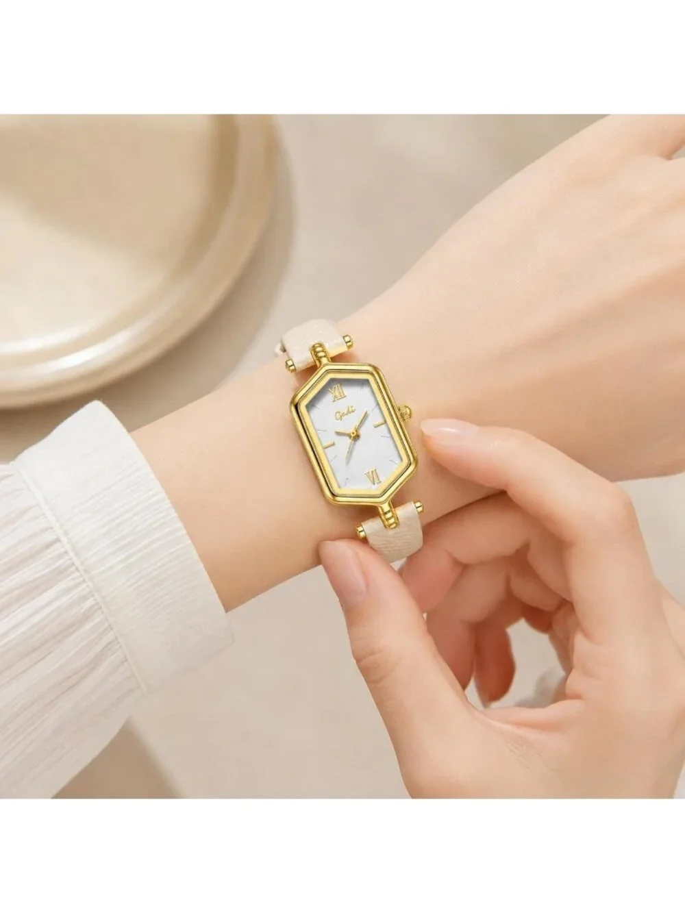 Women's Apricot Gold Vintage Slim Leather Strap Bracelet Hexagon Case Watch
